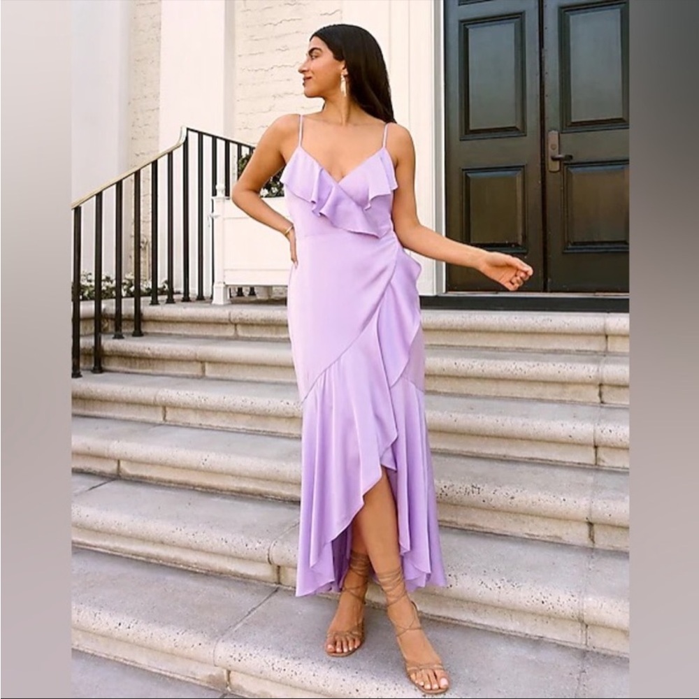 Express satin lilac ruffle wrap dress